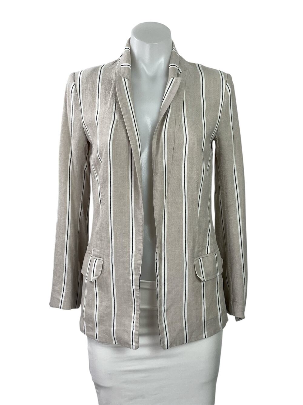 H&M Women's Beige Linen Striped Long Sleeve Pocket Blazer Coat Jacket Size 0